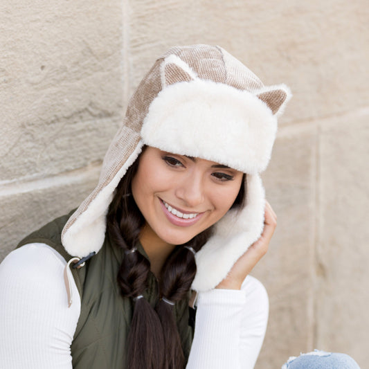 100% Polyester Faux Fur Lined Kitten Ear Vegan Leather Clip Strap Trapper Hat | One Size