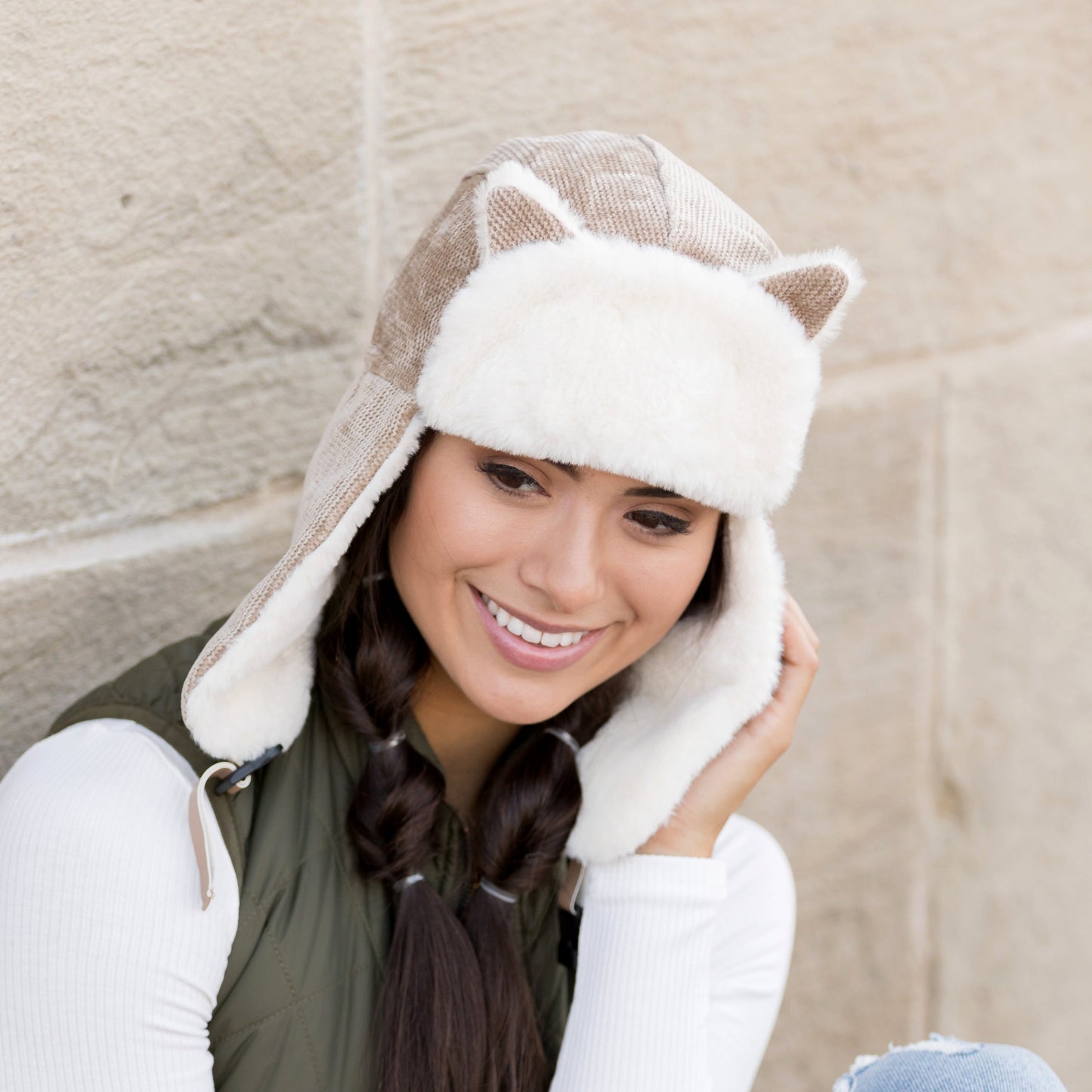 100% Polyester Faux Fur Lined Kitten Ear Vegan Leather Clip Strap Trapper Hat | One Size