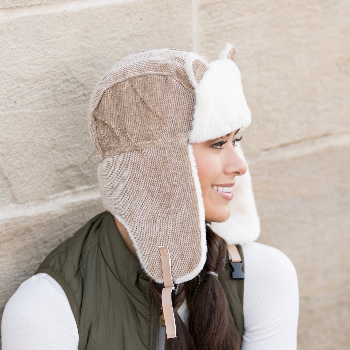 100% Polyester Faux Fur Lined Kitten Ear Vegan Leather Clip Strap Trapper Hat | One Size