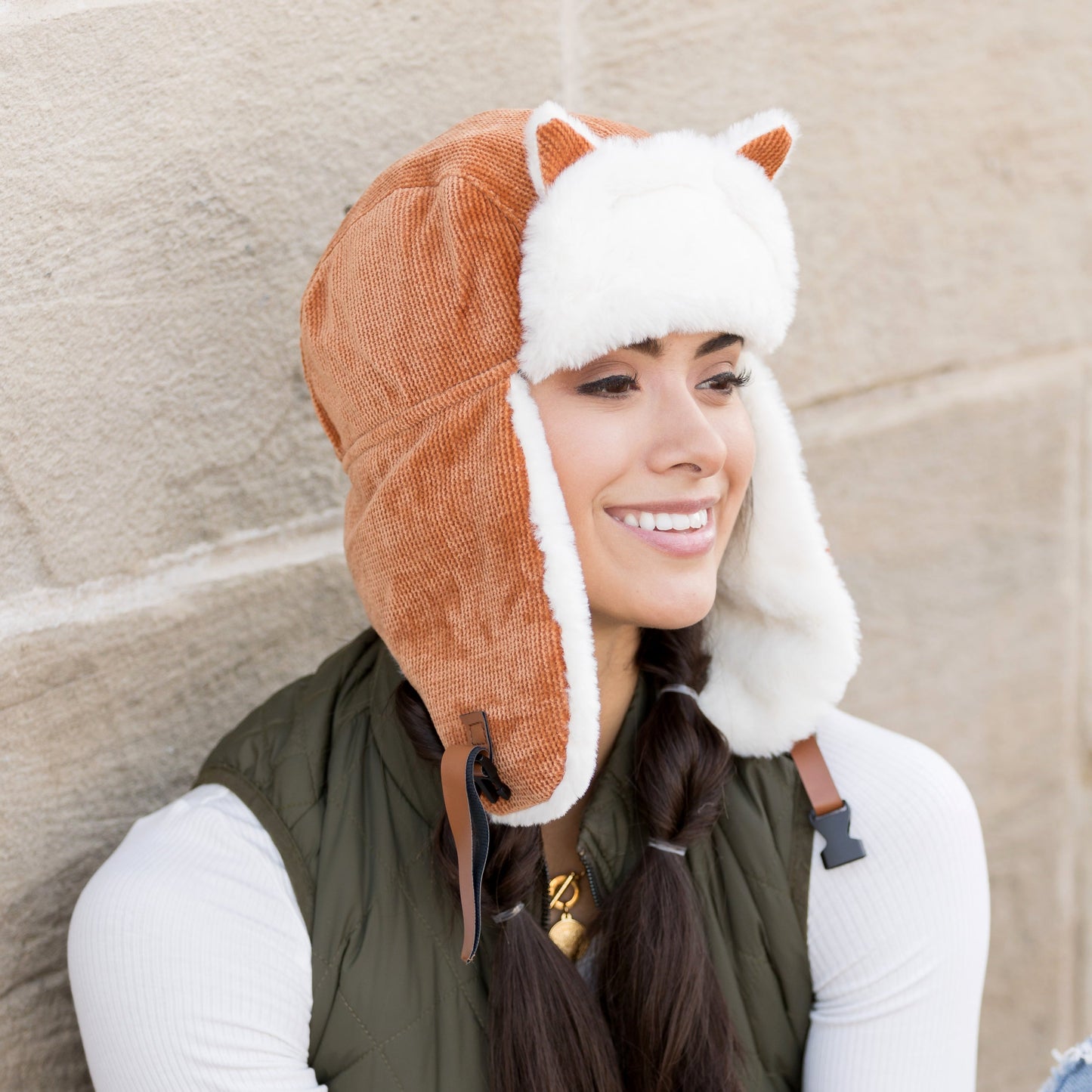 100% Polyester Faux Fur Lined Kitten Ear Vegan Leather Clip Strap Trapper Hat | One Size