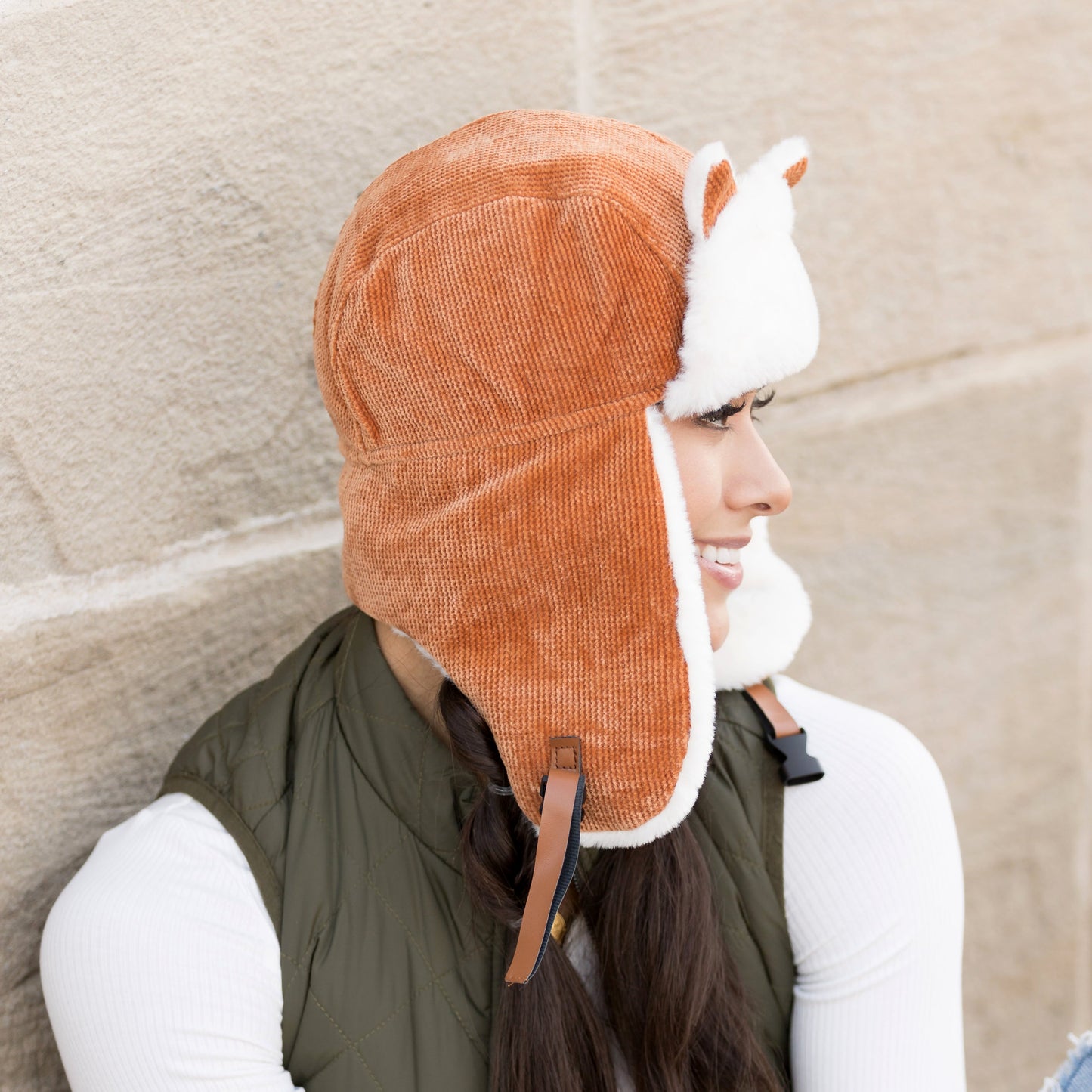 100% Polyester Faux Fur Lined Kitten Ear Vegan Leather Clip Strap Trapper Hat | One Size