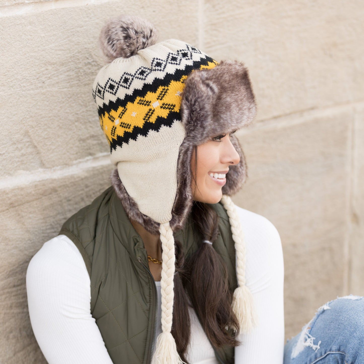 100% Soft Acrylic Fair Isle Faux Fur Pom Fleece Lined Trapper Hat | One Size