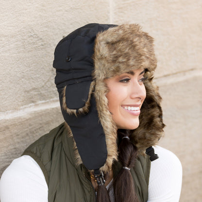 100% Polyester Easy Clean Nylon Exterior Faux Fur Quilted Lined Alpine Aviator Trapper Hat | One Size