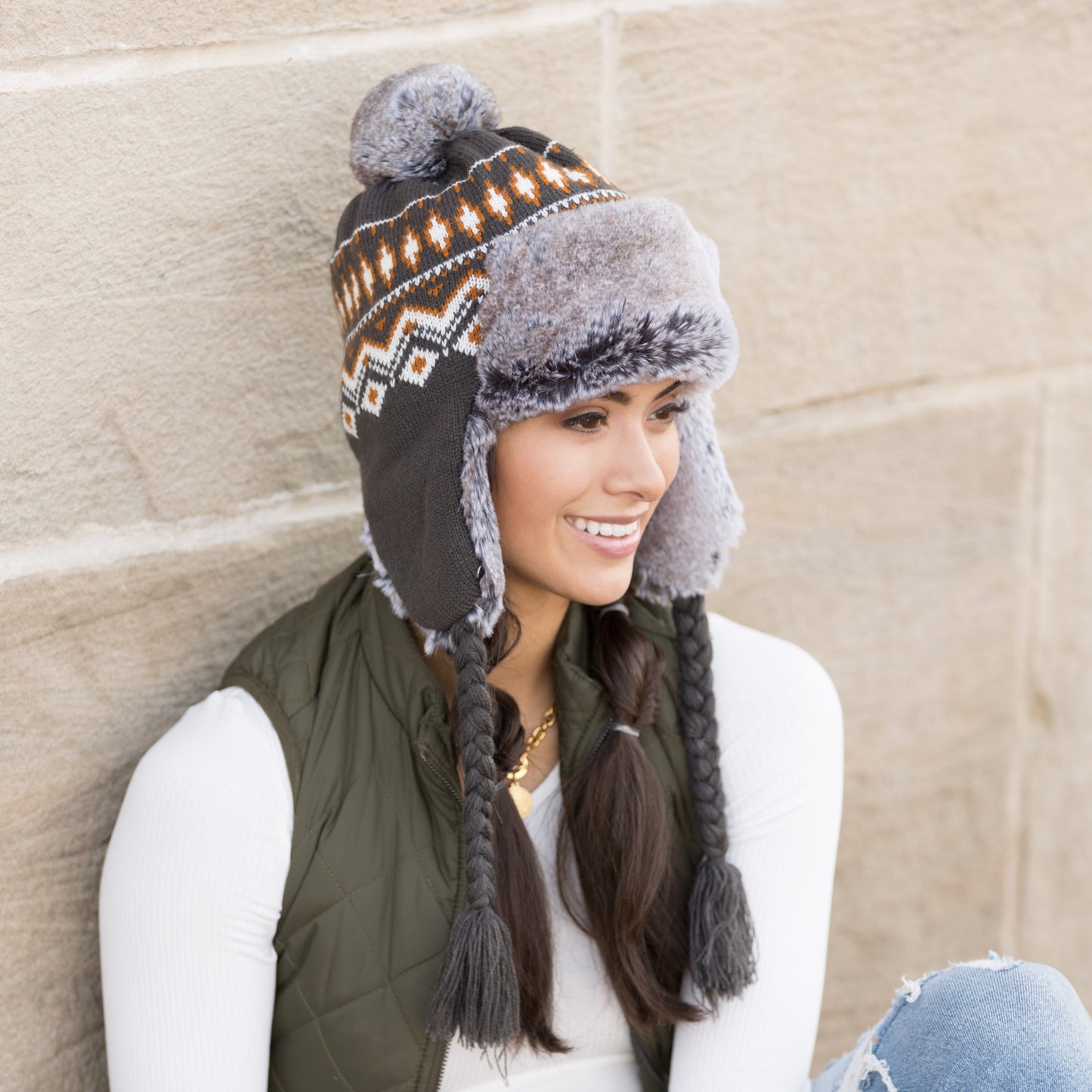 100% Soft Acrylic Fair Isle Faux Fur Pom Fleece Lined Trapper Hat | One Size