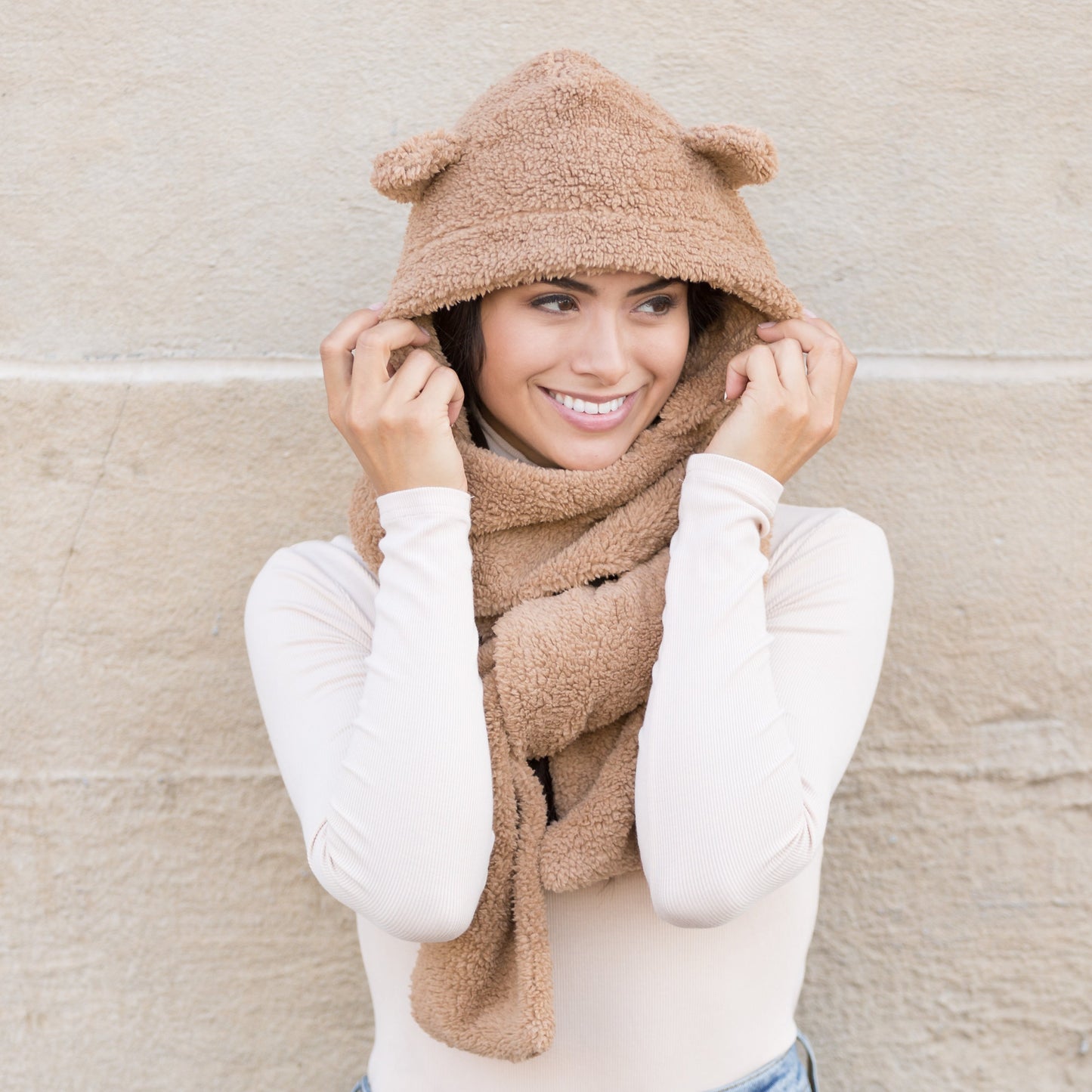 100% Soft Polyester Plush Teddy Bear Hooded Scarf | 89" Scarf | Fits Teen–Adult