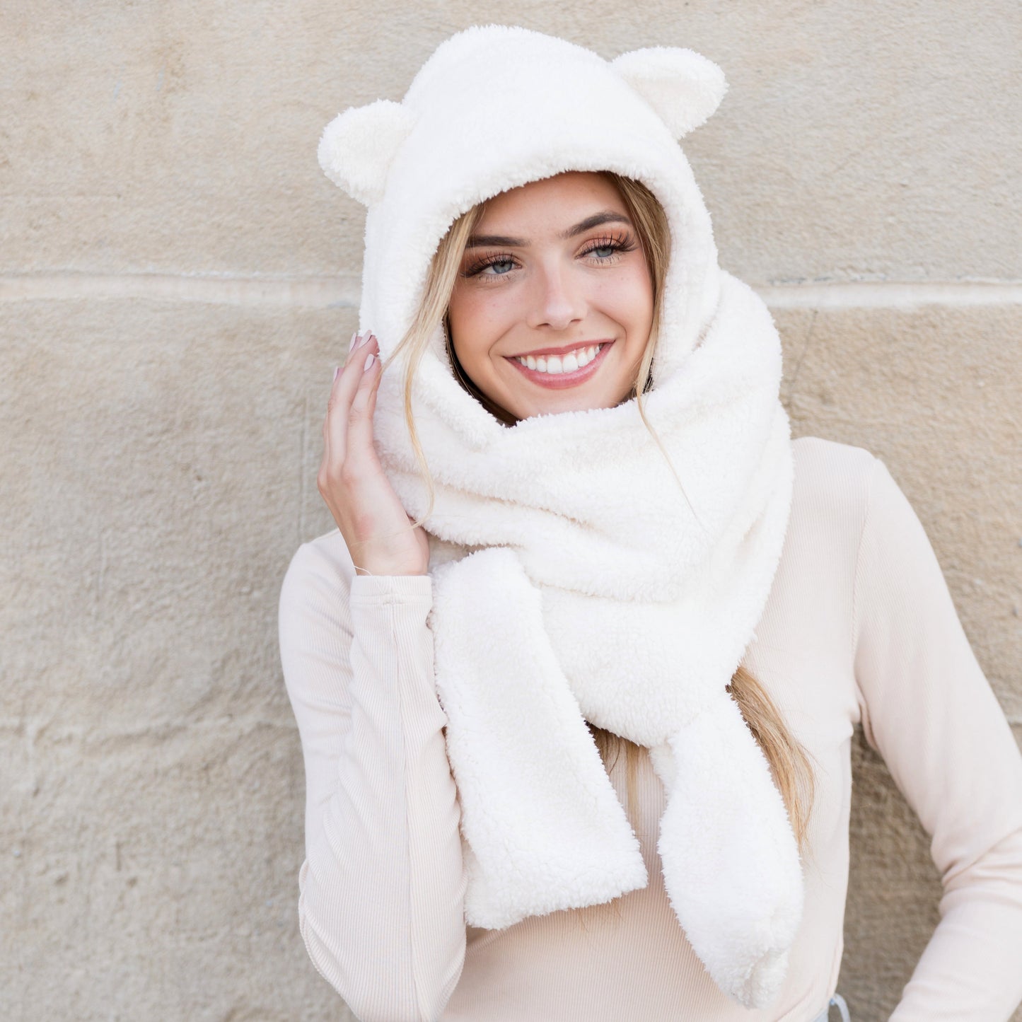 100% Soft Polyester Plush Teddy Bear Hooded Scarf | 89" Scarf | Fits Teen–Adult