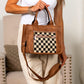 Aili's Corner Jordan Mixed Media Vegan Leather & Canvas Tote Bag with Crossbody Strap & Multiple Pockets | Black, Black Check, Cognac, Cognac Check