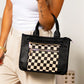 Aili's Corner Jordan Mixed Media Vegan Leather & Canvas Tote Bag with Crossbody Strap & Multiple Pockets | Black, Black Check, Cognac, Cognac Check