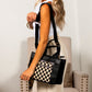 Aili's Corner Jordan Mixed Media Vegan Leather & Canvas Tote Bag with Crossbody Strap & Multiple Pockets | Black, Black Check, Cognac, Cognac Check