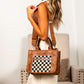Aili's Corner Jordan Mixed Media Vegan Leather & Canvas Tote Bag with Crossbody Strap & Multiple Pockets | Black, Black Check, Cognac, Cognac Check
