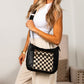 Ashley Mixed Media Vegan Leather & Canvas Checkered Crossbody Bag with Multiple Pockets | Black Check, Cognac Check