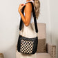 Ashley Mixed Media Vegan Leather & Canvas Checkered Crossbody Bag with Multiple Pockets | Black Check, Cognac Check