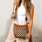Ashley Mixed Media Vegan Leather & Canvas Checkered Crossbody Bag with Multiple Pockets | Black Check, Cognac Check
