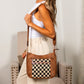 Ashley Mixed Media Vegan Leather & Canvas Checkered Crossbody Bag with Multiple Pockets | Black Check, Cognac Check