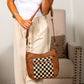 Ashley Mixed Media Vegan Leather & Canvas Checkered Crossbody Bag with Multiple Pockets | Black Check, Cognac Check