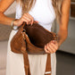 Ashley Mixed Media Vegan Leather & Canvas Checkered Crossbody Bag with Multiple Pockets | Black Check, Cognac Check