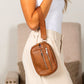 Aili's Corner Blake Mixed Media Vegan Leather & Canvas Check Wallet Pouch with Wristlet & Card Slots | Black Check, Cognac Check