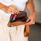 Aili's Corner Blake Mixed Media Vegan Leather & Canvas Check Wallet Pouch with Wristlet & Card Slots | Black Check, Cognac Check