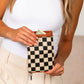 Wilma Mixed Media Vegan Leather & Canvas Check Fold-Over Wallet with Card Slots & Coin Pouch | Black Check, Cognac Check