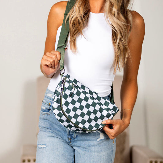 Aili's Corner Olivia Nylon Check Fold-Over Crossbody Bag with Front Pocket & Adjustable Strap | Almond, Black, Eucalyptus, Mocha