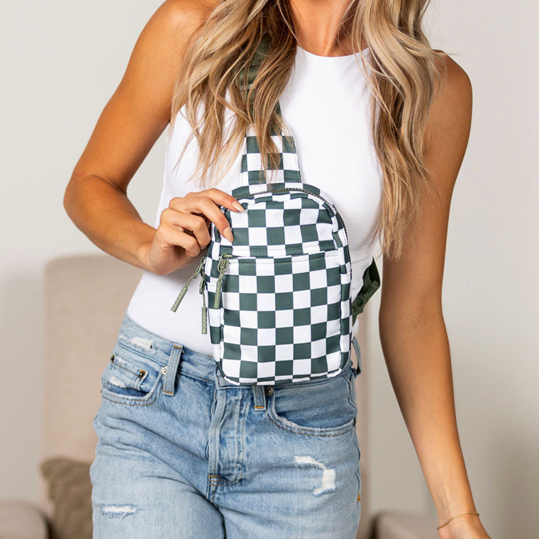 Kenzie Easy-Care Nylon Checkered Sling Crossbody Bag with Card Slots, Hidden Zip Pocket & Double Ring Clasps
