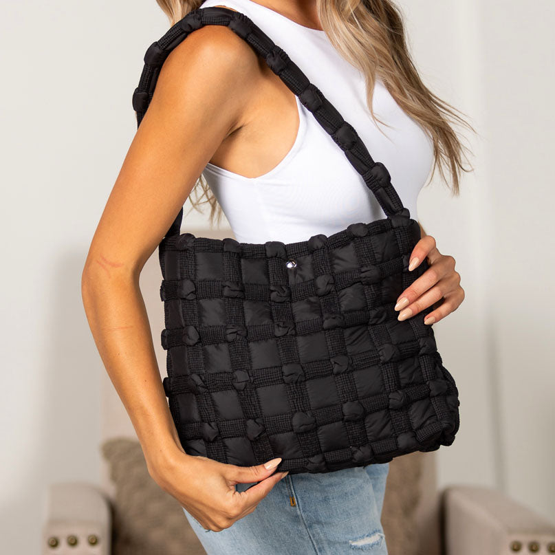Aili's Corner Maya Basket Weave Puffer Nylon Tote Bag with Snap Closure & Interior Pocket | Almond, Black