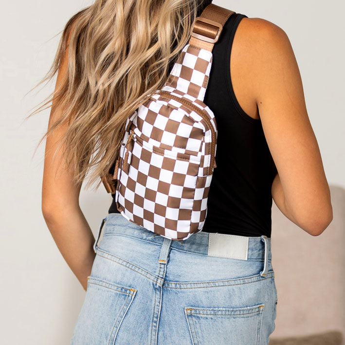 Kenzie Easy-Care Nylon Checkered Sling Crossbody Bag with Card Slots, Hidden Zip Pocket & Double Ring Clasps