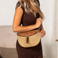 Woven Polyethylene Straw PU Vegan Leather Gold Hardware Valentina Mixed Media Sling Crossbody Bag | 9.85" x 6.85"