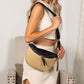 Woven Polyethylene Straw PU Vegan Leather Gold Hardware Valentina Mixed Media Sling Crossbody Bag | 9.85" x 6.85"