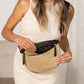Woven Polyethylene Straw PU Vegan Leather Gold Hardware Valentina Mixed Media Sling Crossbody Bag | 9.85" x 6.85"