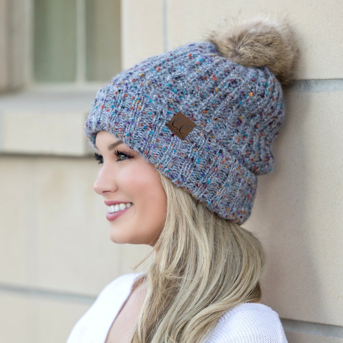 C.C® 100% Soft Spun Acrylic Confetti Faux Fur Pom Beanie | One Size