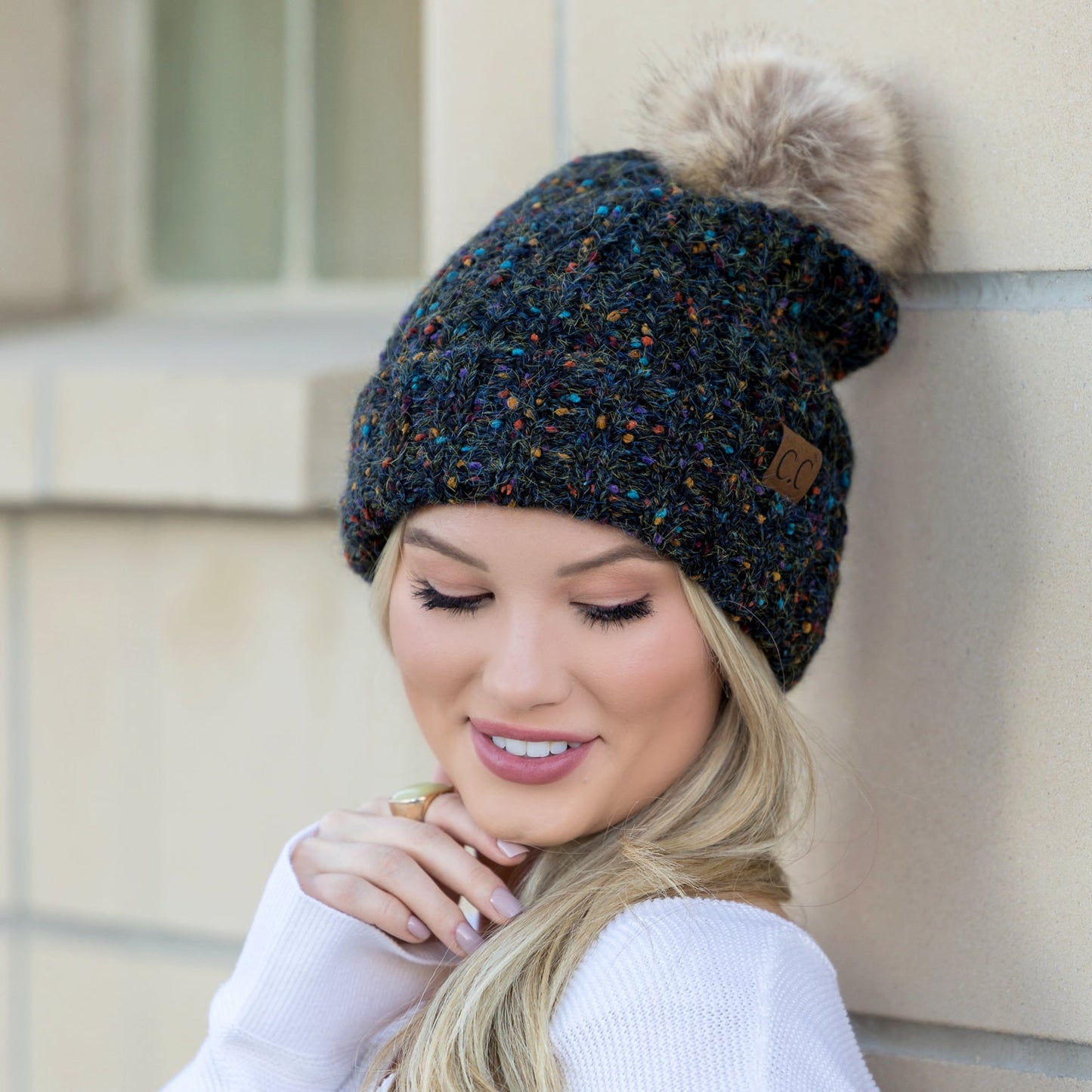 C.C® 100% Soft Spun Acrylic Confetti Faux Fur Pom Beanie | One Size