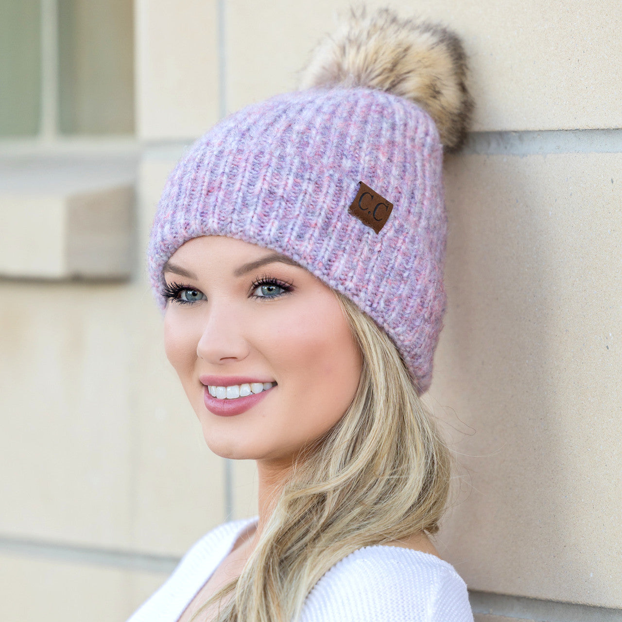 C.C® Acrylic Nylon Cozy Marled Knit Faux Fur Pom Beanie | One Size