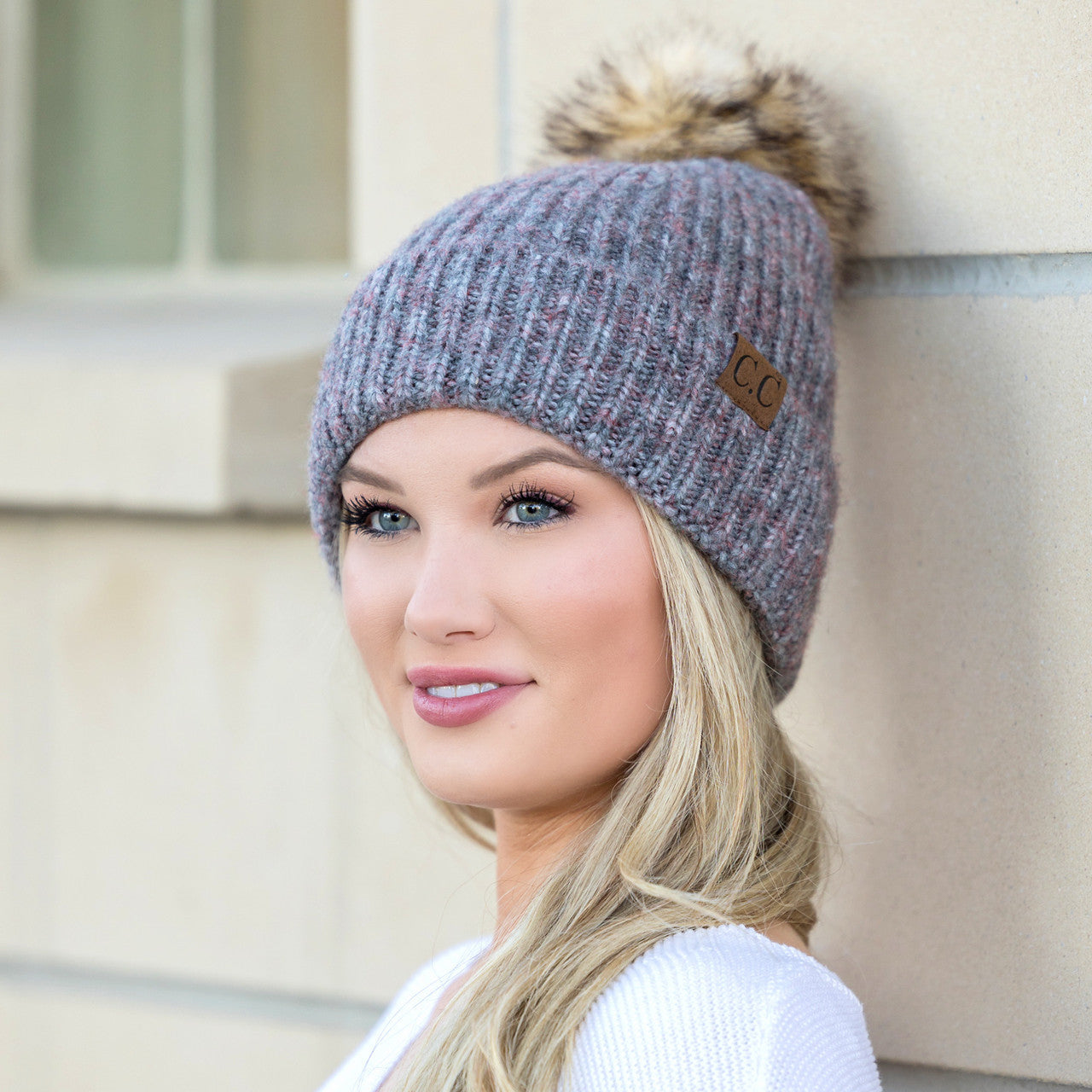 C.C® Acrylic Nylon Cozy Marled Knit Faux Fur Pom Beanie | One Size