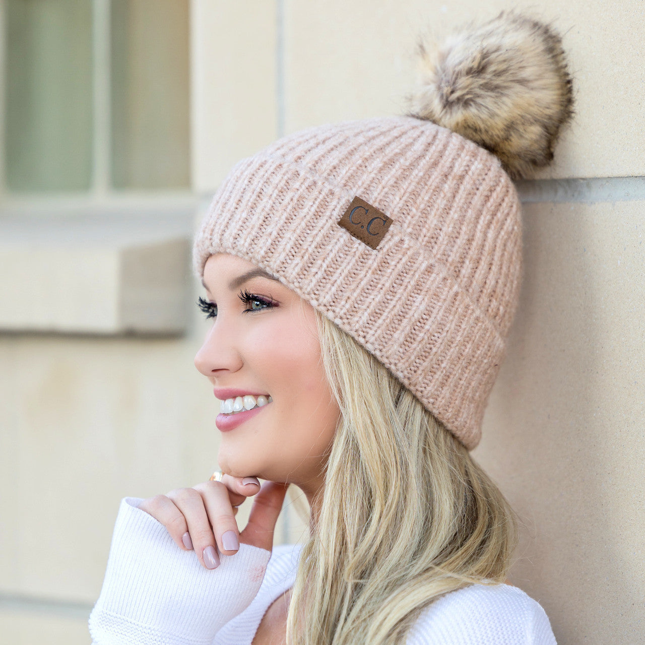 C.C® Acrylic Nylon Cozy Marled Knit Faux Fur Pom Beanie | One Size