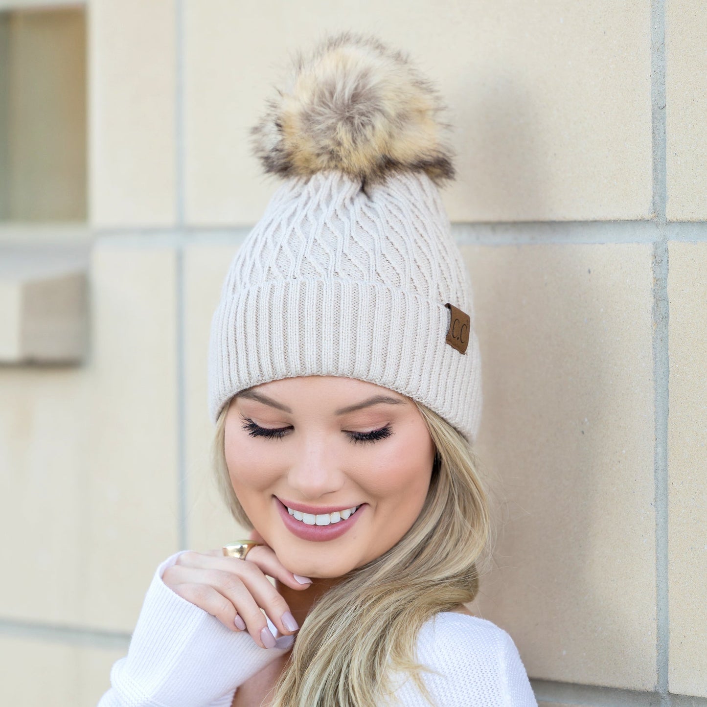 C.C® Honeycomb Knit Pom Beanie | 47% Rayon, 22% Nylon, 31% PBT | Teen–Adult