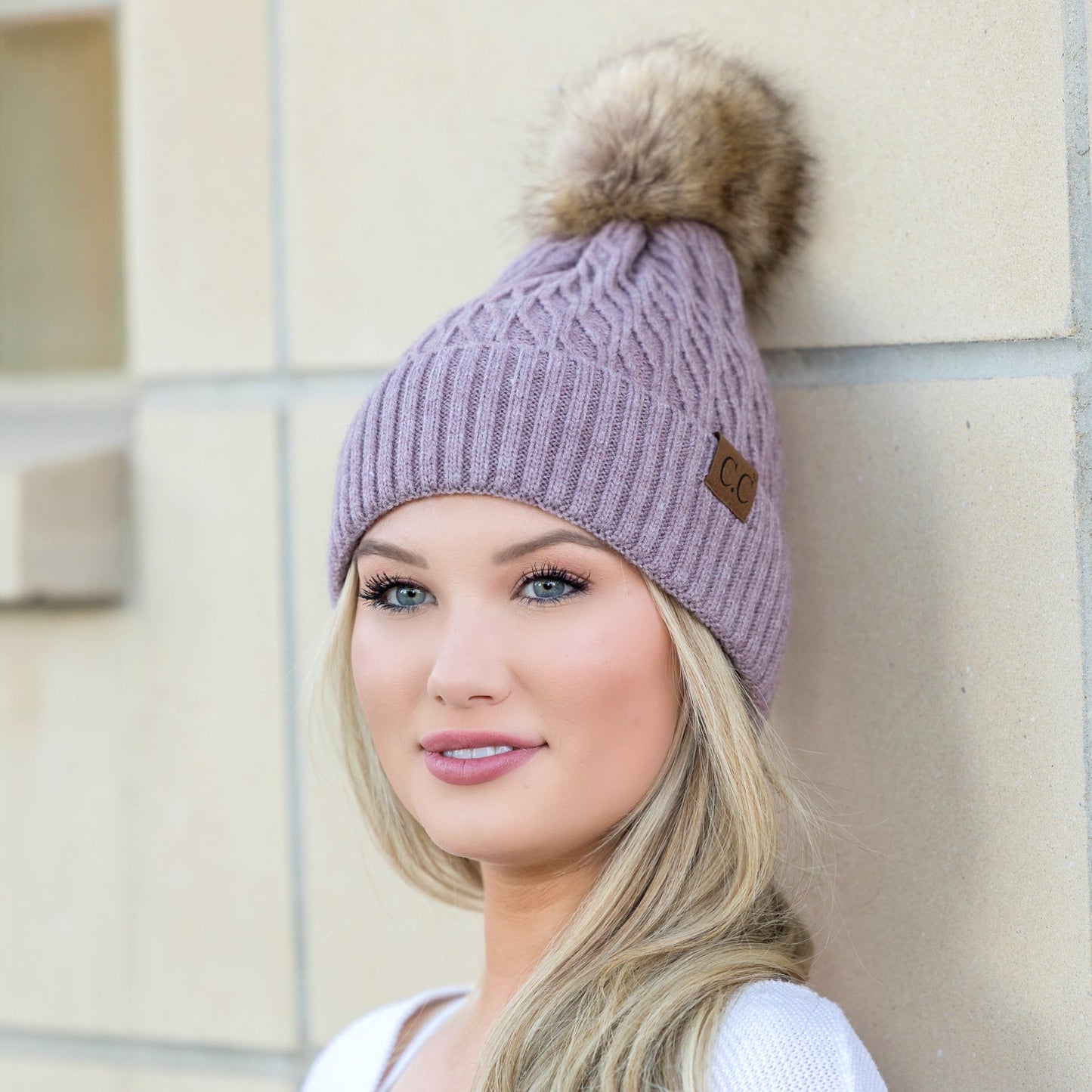C.C® Honeycomb Knit Pom Beanie | 47% Rayon, 22% Nylon, 31% PBT | Teen–Adult