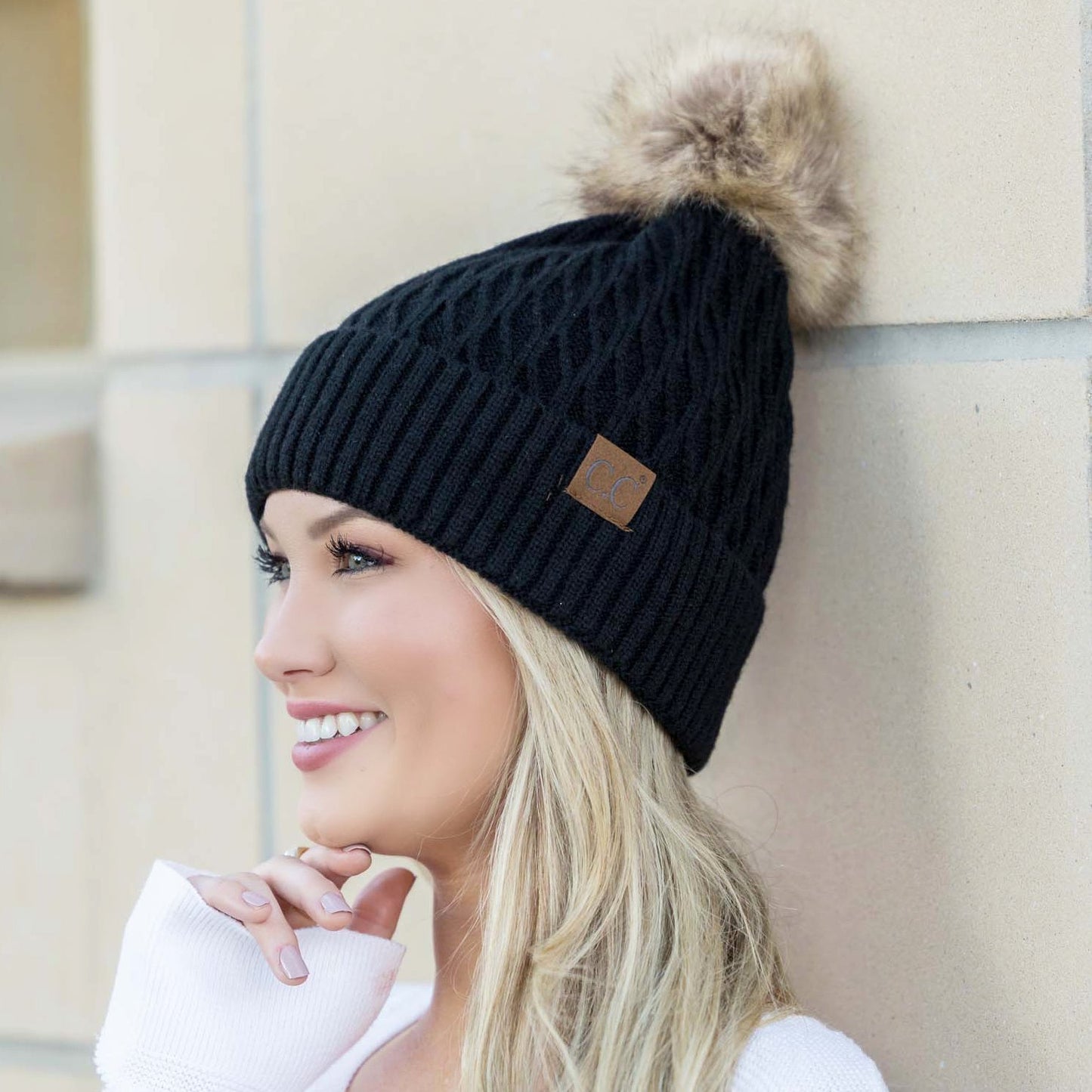 C.C® Honeycomb Knit Pom Beanie | 47% Rayon, 22% Nylon, 31% PBT | Teen–Adult
