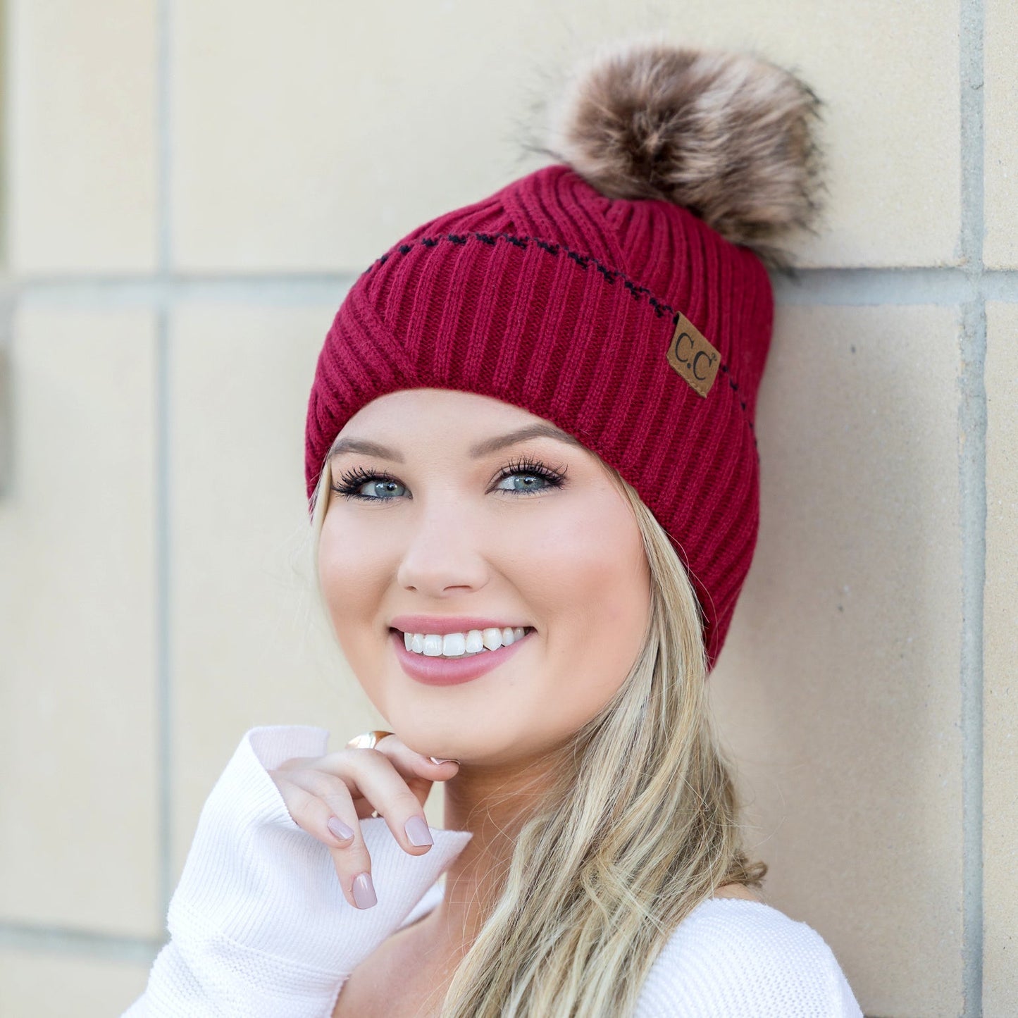 C.C® 100% Soft Acrylic Asymmetrical Weave Accent Cuff Faux Fur Pom Beanie | One Size