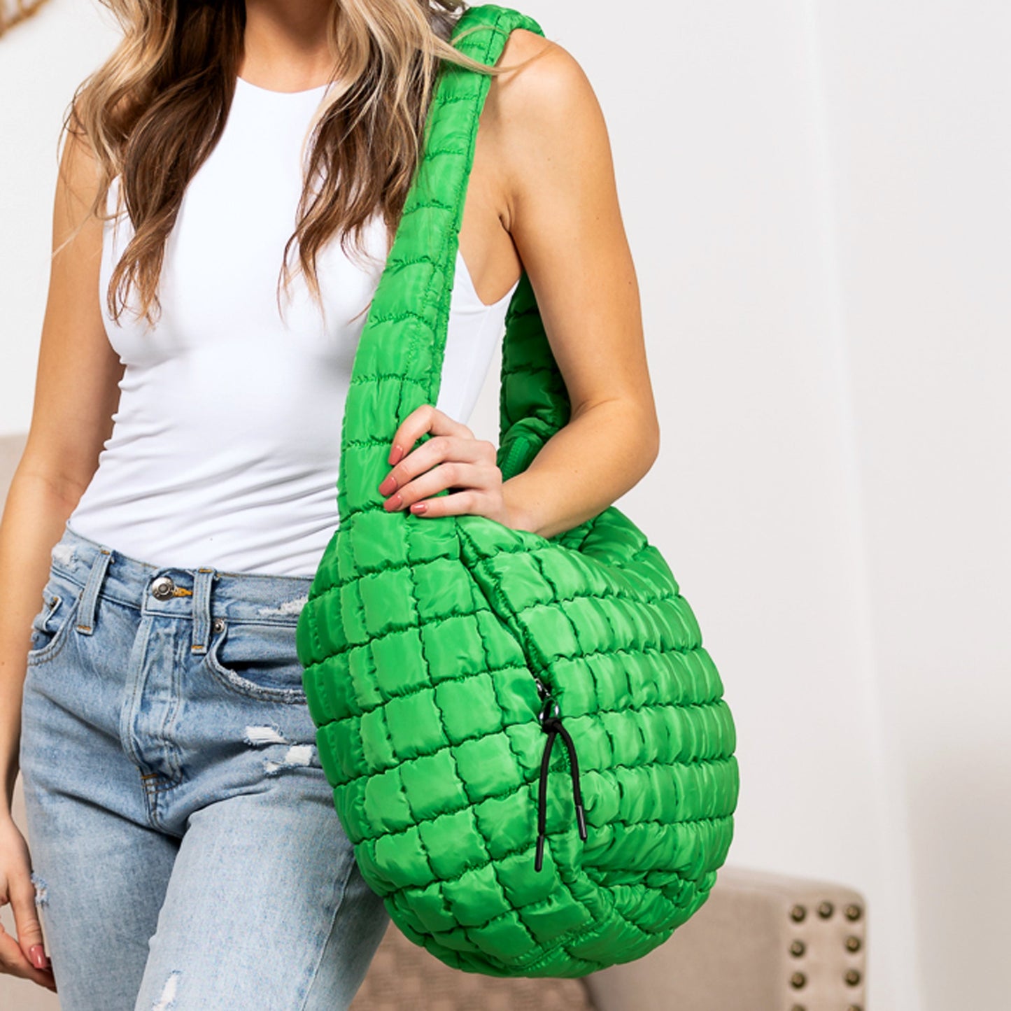 Taylor Quilted Puffer Nylon Tote Bag with Zip Pockets & Interior Organization | Almond, Black, Citrine, Slate Blue, White, Emerald