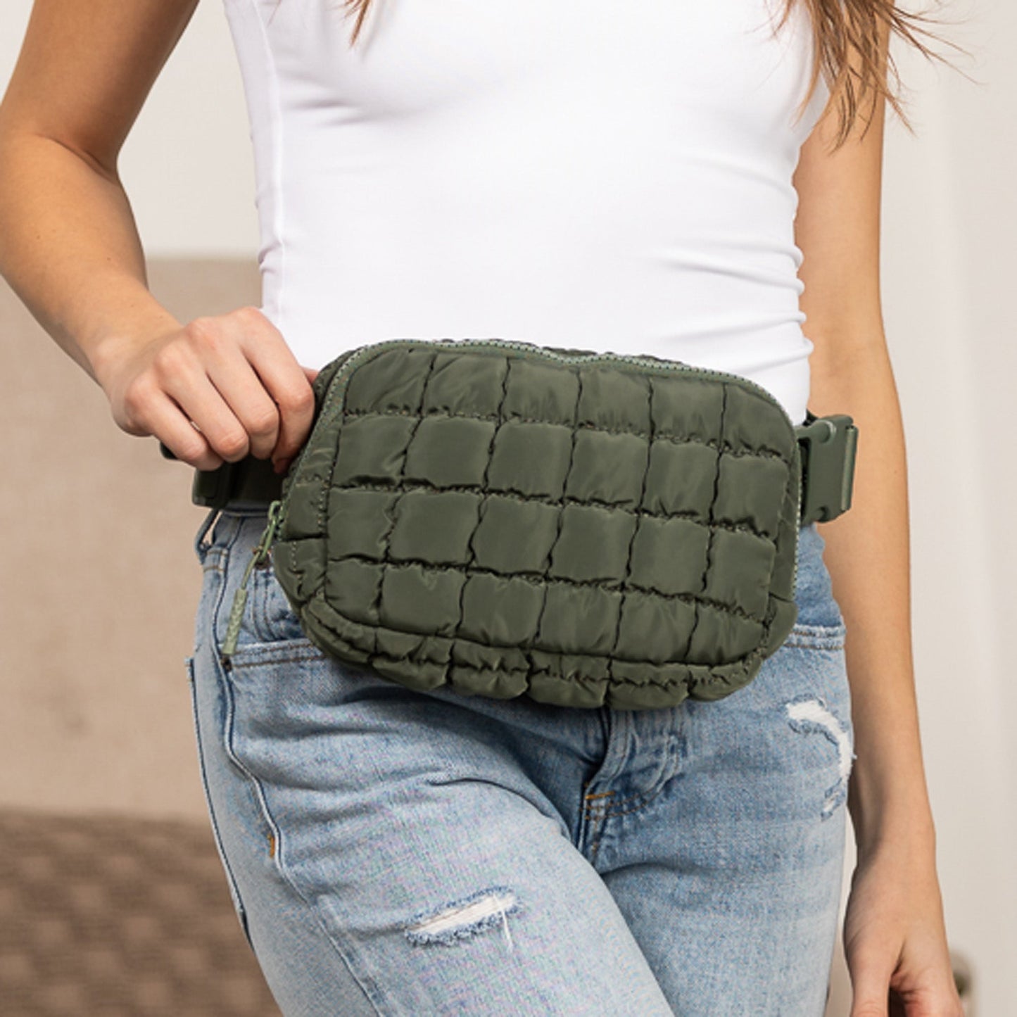 Evyn Quilted Puffer Nylon Sling Crossbody Belt Bag with Mesh Pockets & Adjustable Strap