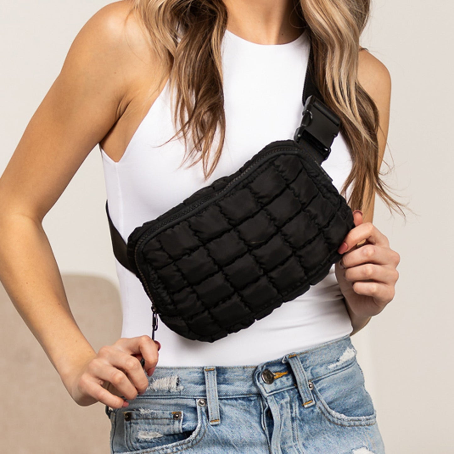 Evyn Quilted Puffer Nylon Sling Crossbody Belt Bag with Mesh Pockets & Adjustable Strap