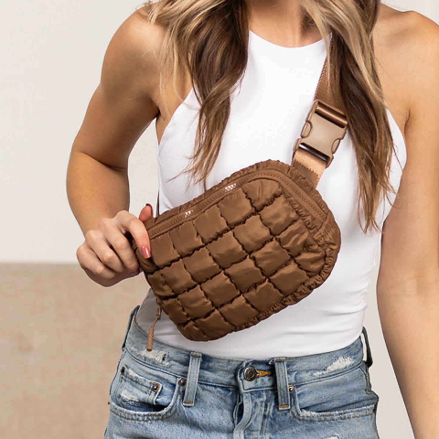 Evyn Quilted Puffer Nylon Sling Crossbody Belt Bag with Mesh Pockets & Adjustable Strap