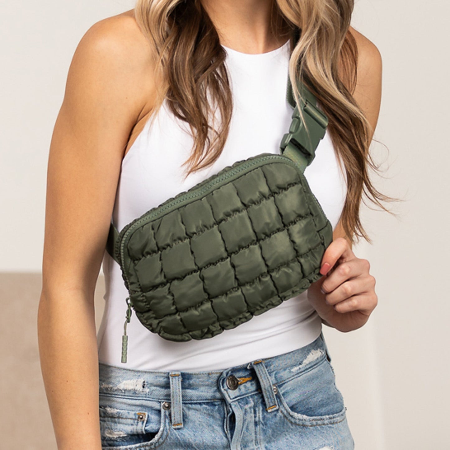 Evyn Quilted Puffer Nylon Sling Crossbody Belt Bag with Mesh Pockets & Adjustable Strap