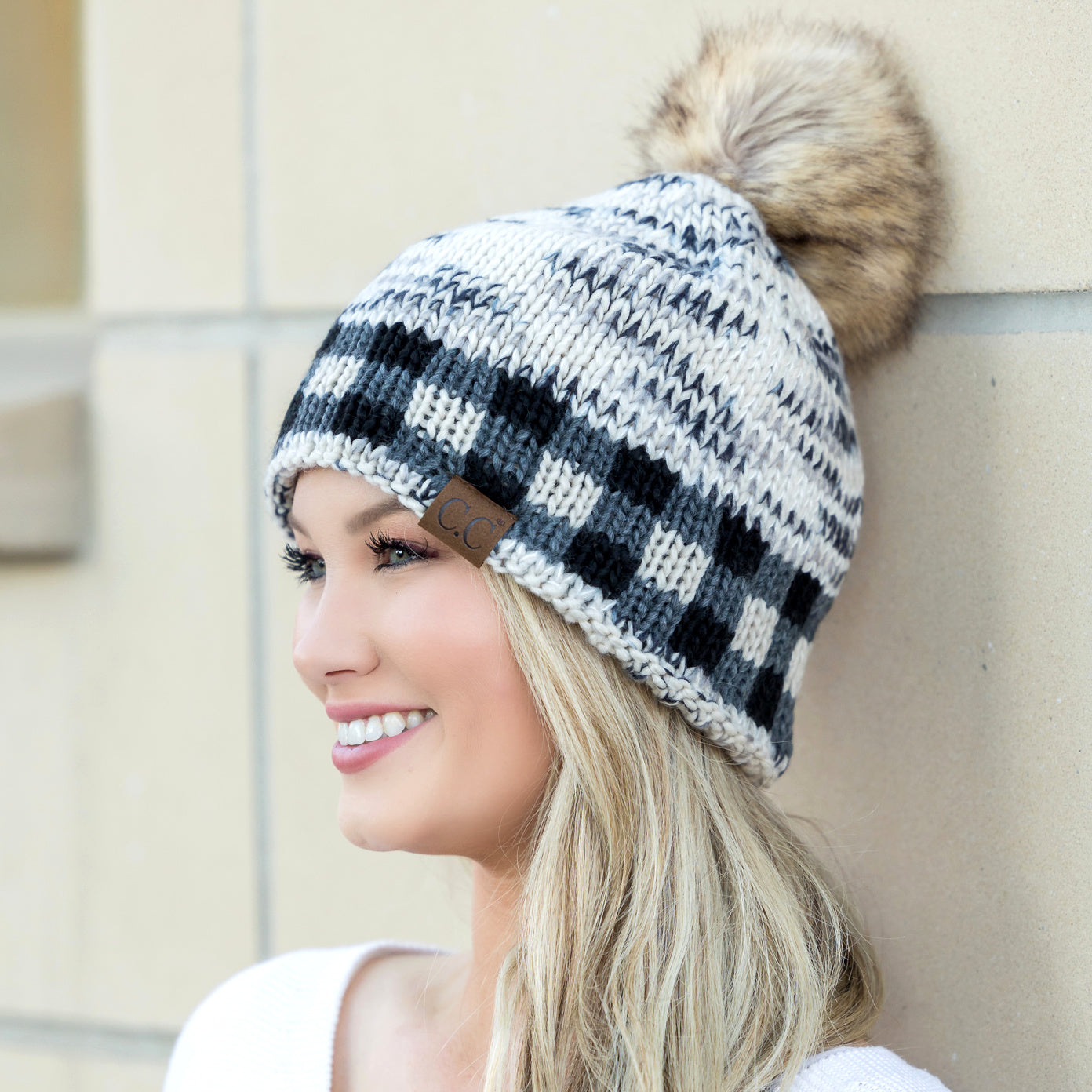 C.C® 100% Soft-Spun Acrylic Buffalo Print Slouchy Knit Faux Fur Pom Beanie | One Size