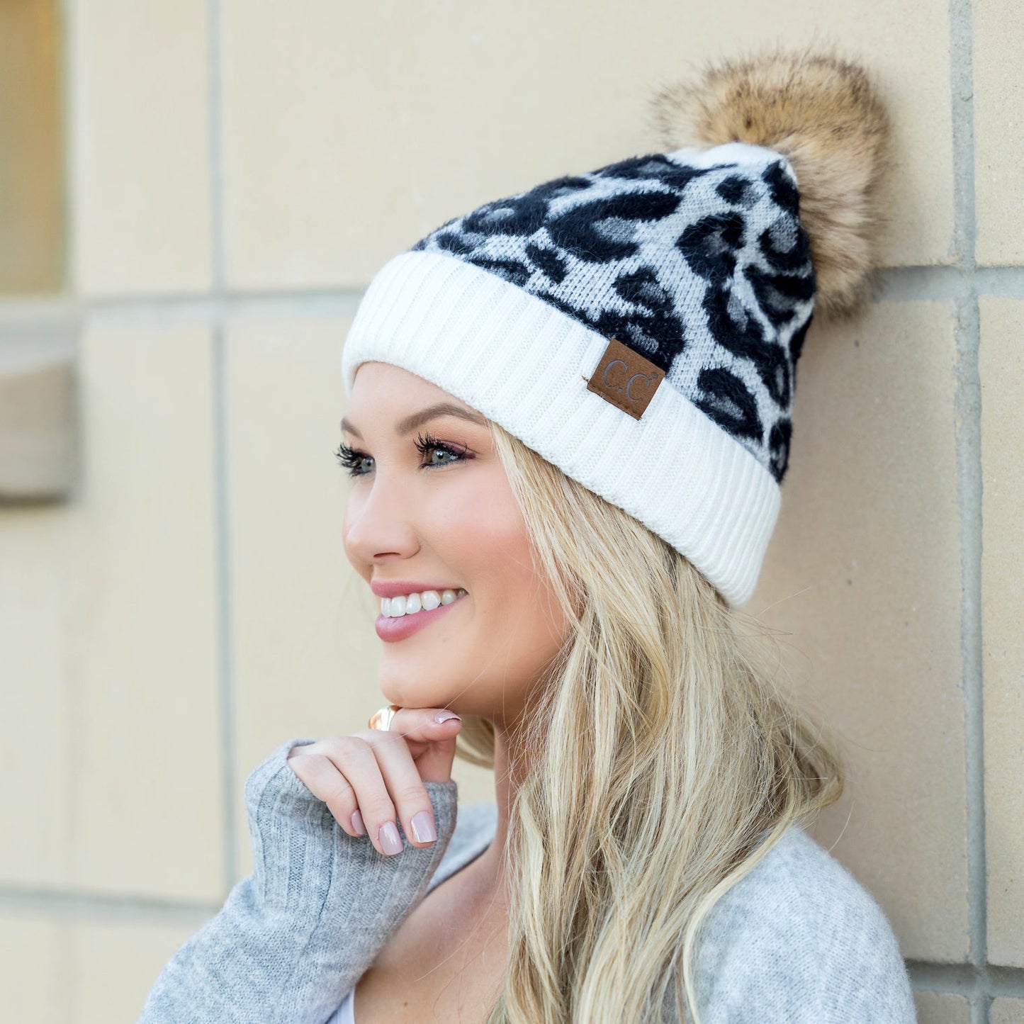 C.C® 100% Premium Acrylic Cashmere-Like Leopard Print Faux Fur Pom Beanie | One Size Teen–Adult