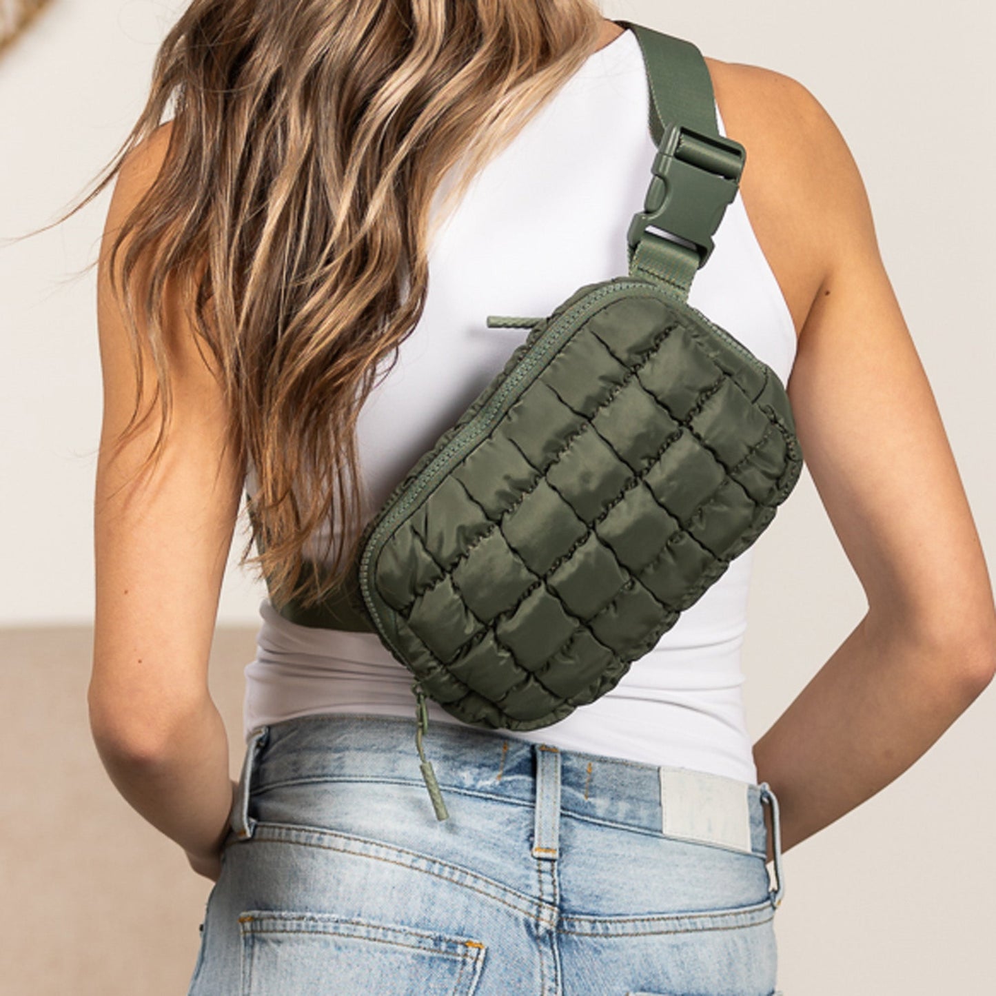 Evyn Quilted Puffer Nylon Sling Crossbody Belt Bag with Mesh Pockets & Adjustable Strap