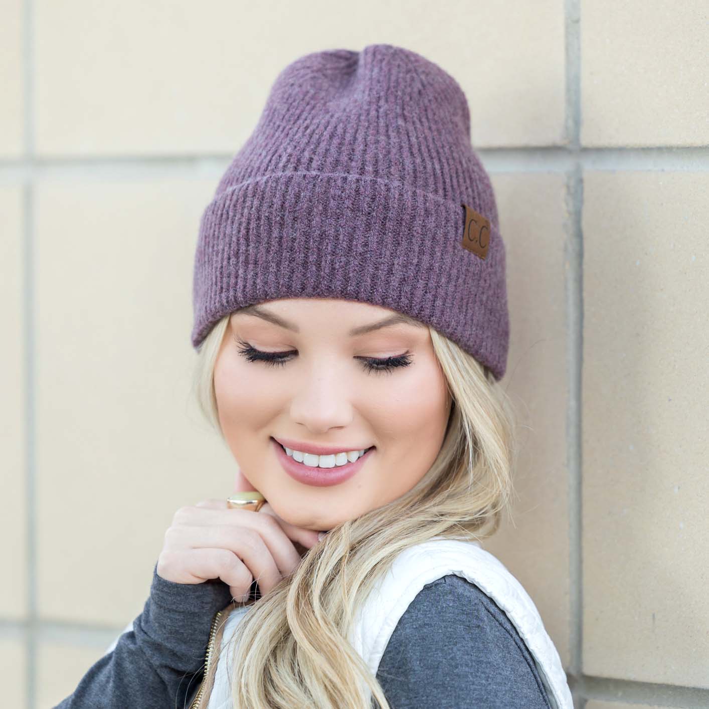 C.C® Recycled Polyester Cashmere Wool Fine Yarn Cuffed Beanie | One Size