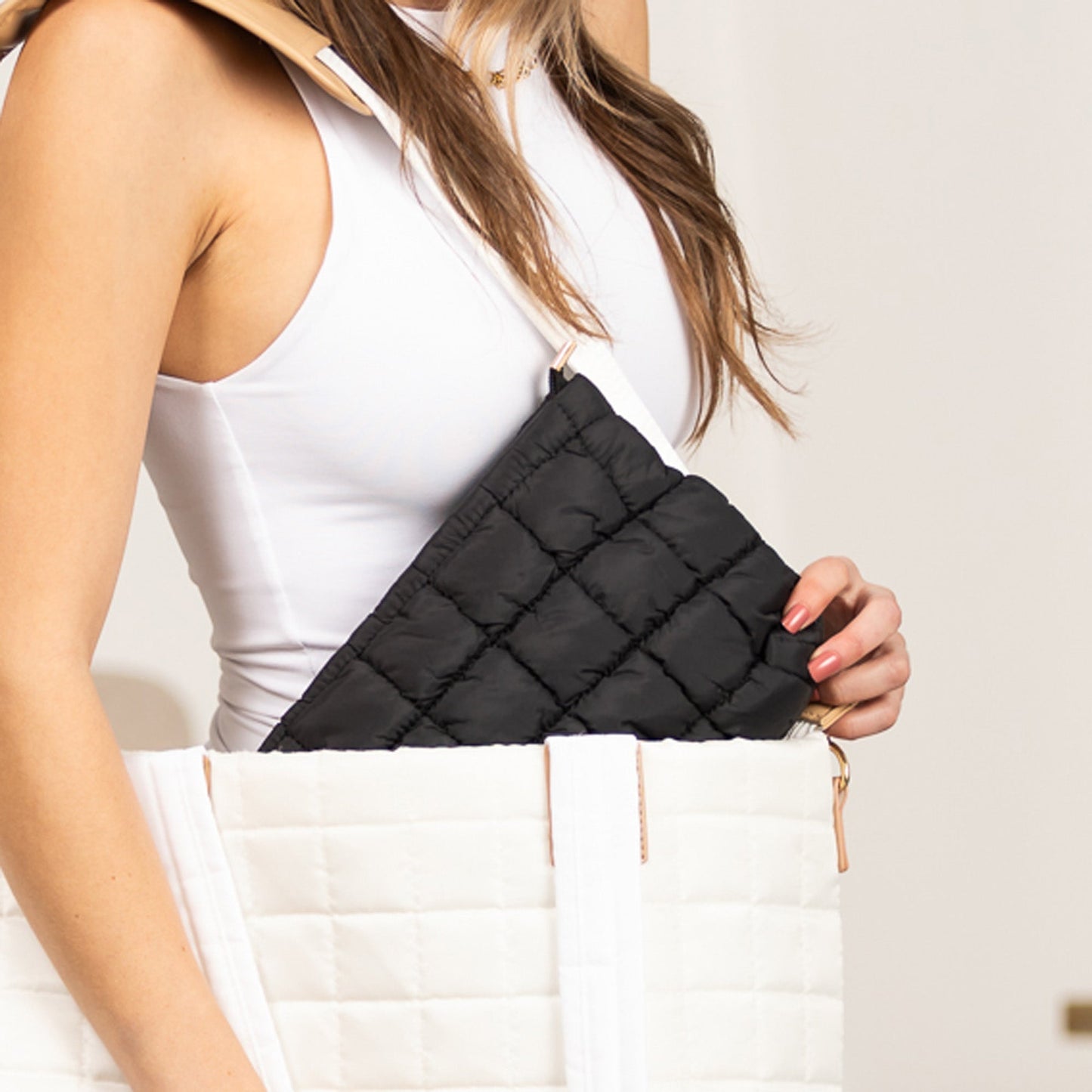 Lainey Quilted Puffer Nylon Clutch Bag with Interior Zip Pocket | Black, Buff, Mocha