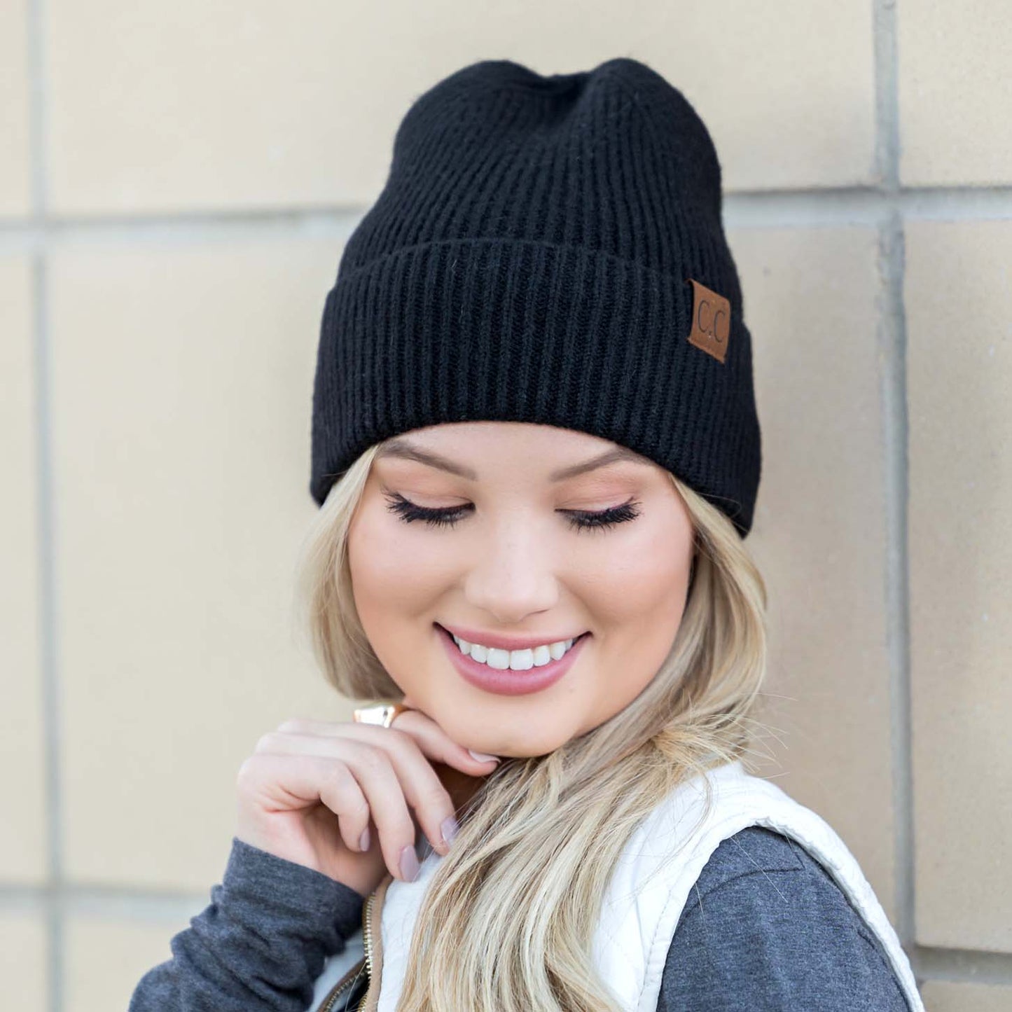 C.C® Recycled Polyester Cashmere Wool Fine Yarn Cuffed Beanie | One Size